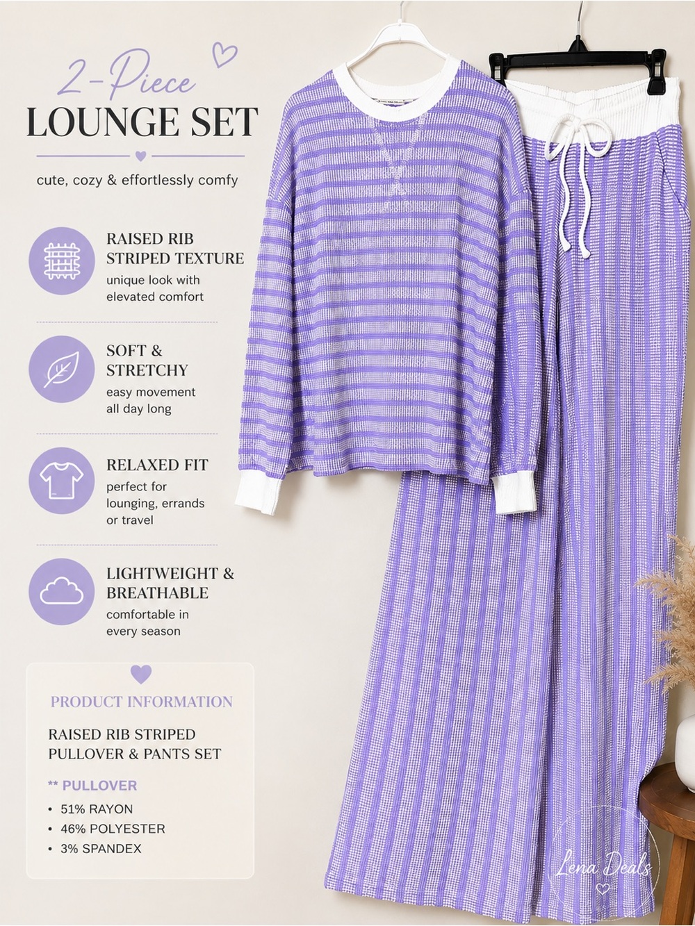 Zenana Raised Rib Striped Pullover & Wide Leg Pants Set Women’s Lavender